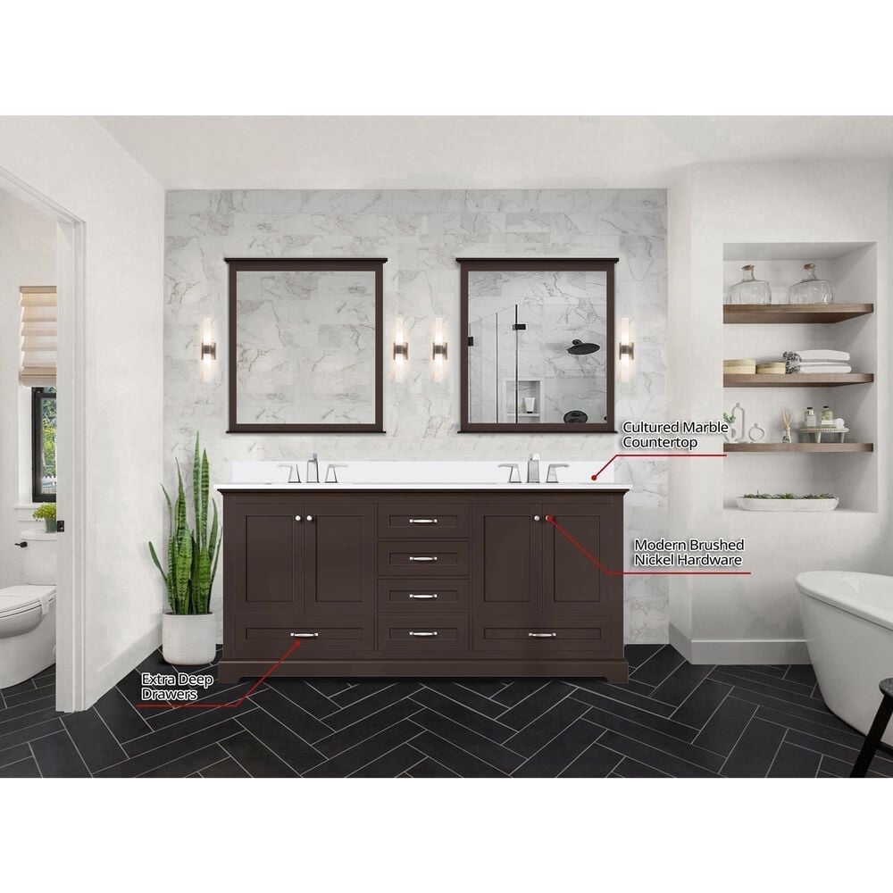 Lexora Home Dukes 72&quot; Double Bathroom Vanity in Espresso with 2 cm White Cultured Marble Top and Rectangular Sinks, , large