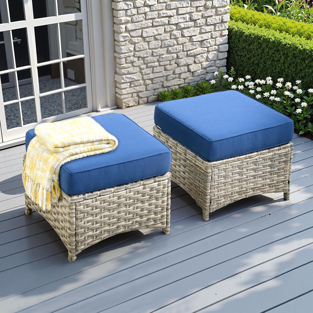 HOMLUX 2-Piece Outdoor Wicker Ottoman Set with Cushion in Navy Blue, , large