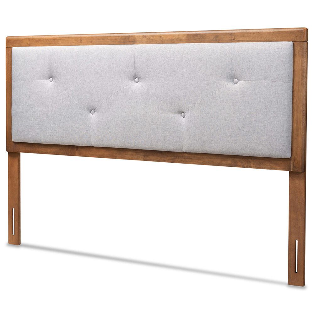 Baxton Studio Abner King Panel Headboard with Light Gray Fabric in Walnut Brown, , large