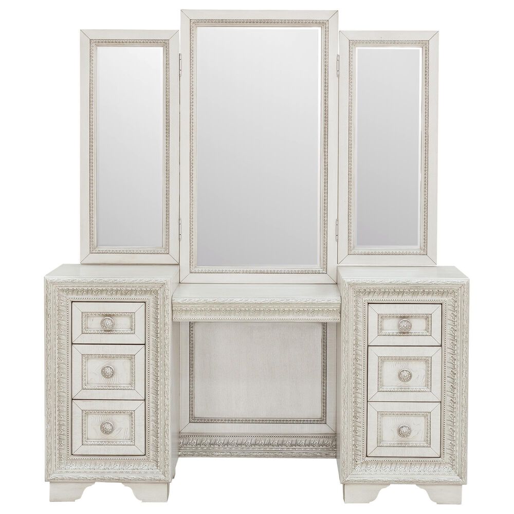 Pulaski Furniture Corp Camila Vanity and Mirror in White and Silver, , large