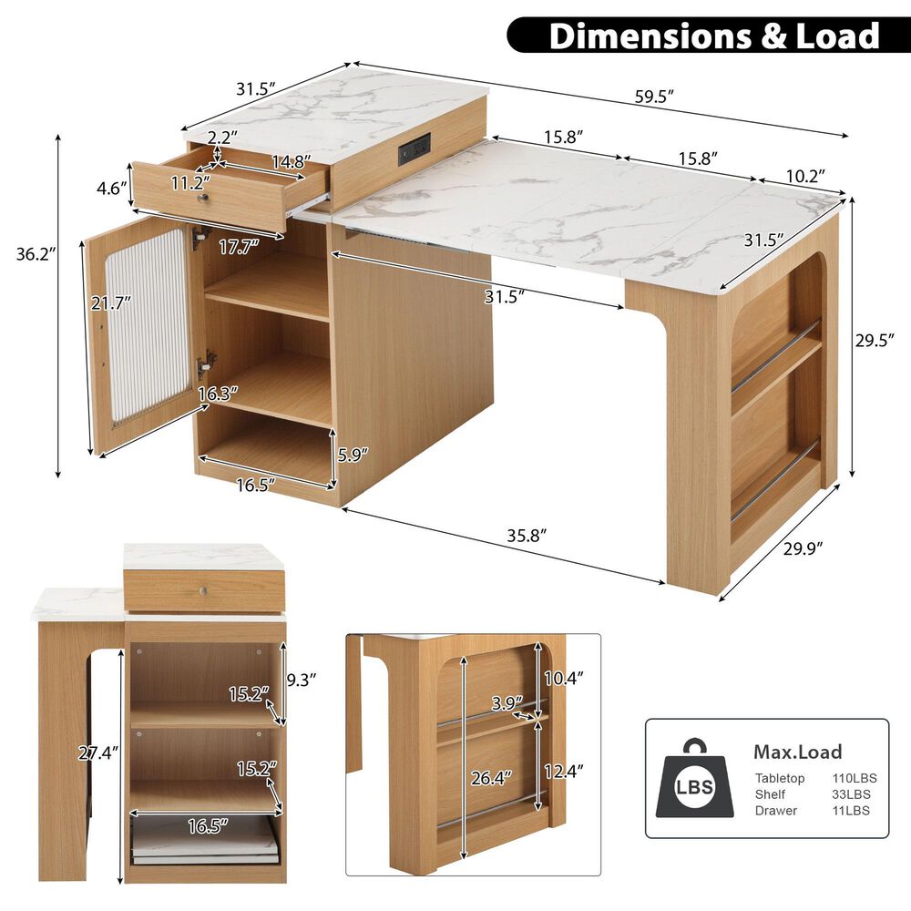 HOMLUX 60" Kitchen Island in Natural, , large