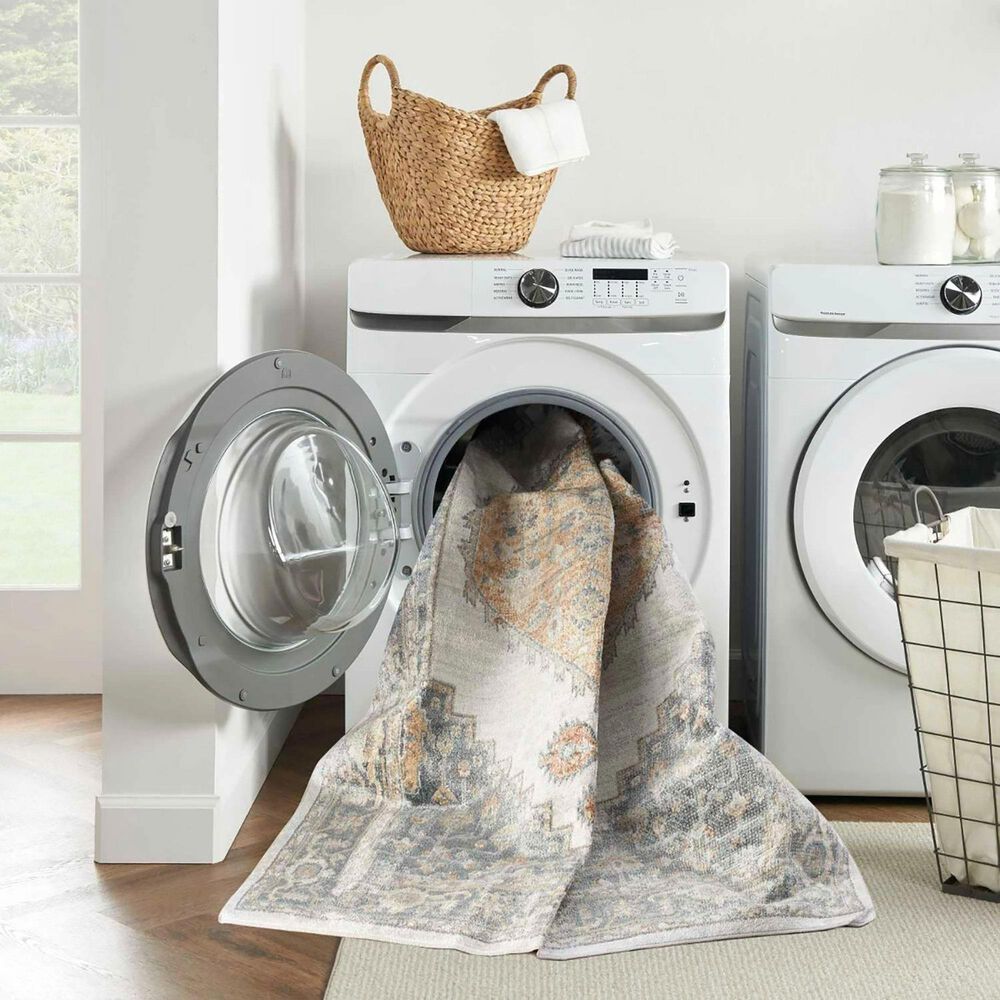 Nourison Astra Machine Washable 5&#39;3&quot; x 7&#39; Grey and Gold Area Rug, , large
