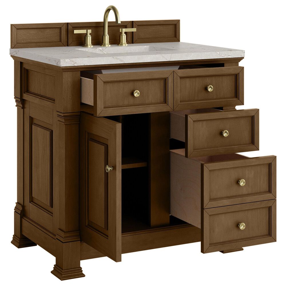James Martin Vanities Brookfield 36" Single Bathroom Vanity in Honey Oak with 3 cm Victorian Silver Quartz Top and Rectangular Sink, , large