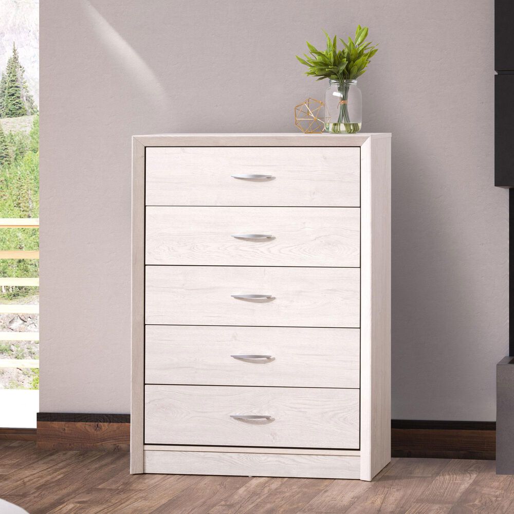 CorLiving Newport 5 Drawer Tall Dresser in White Washed Oak, , large