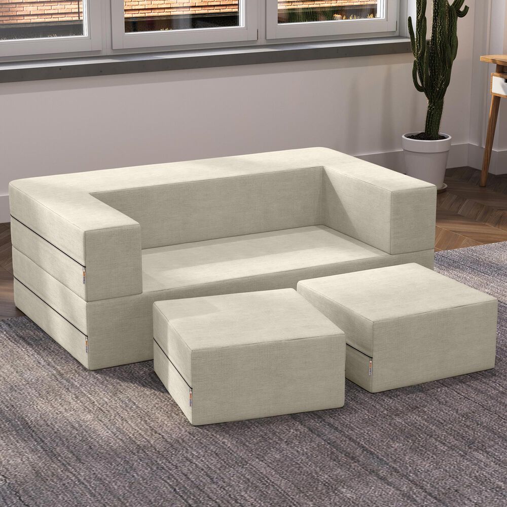 Jaxx Zipline 3-Piece Stationary Convertible Sleeper Loveseat in Ivory Velvet, , large