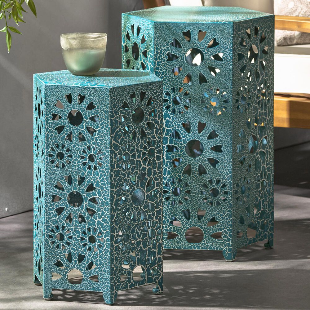 Hearth and Haven Eliana 2-Piece Outdoor Hexagon Metal Side Table Set with Sunburst Cut Out Design in Teal, , large