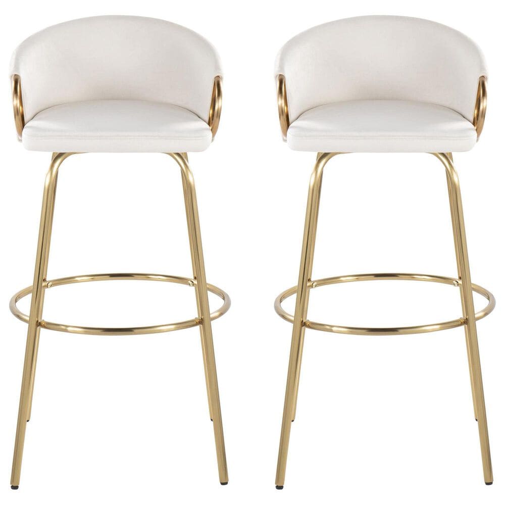 LumiSource Claire Swivel Barstool with Cream Velvet Upholstery in Gold (Set of 2), , large