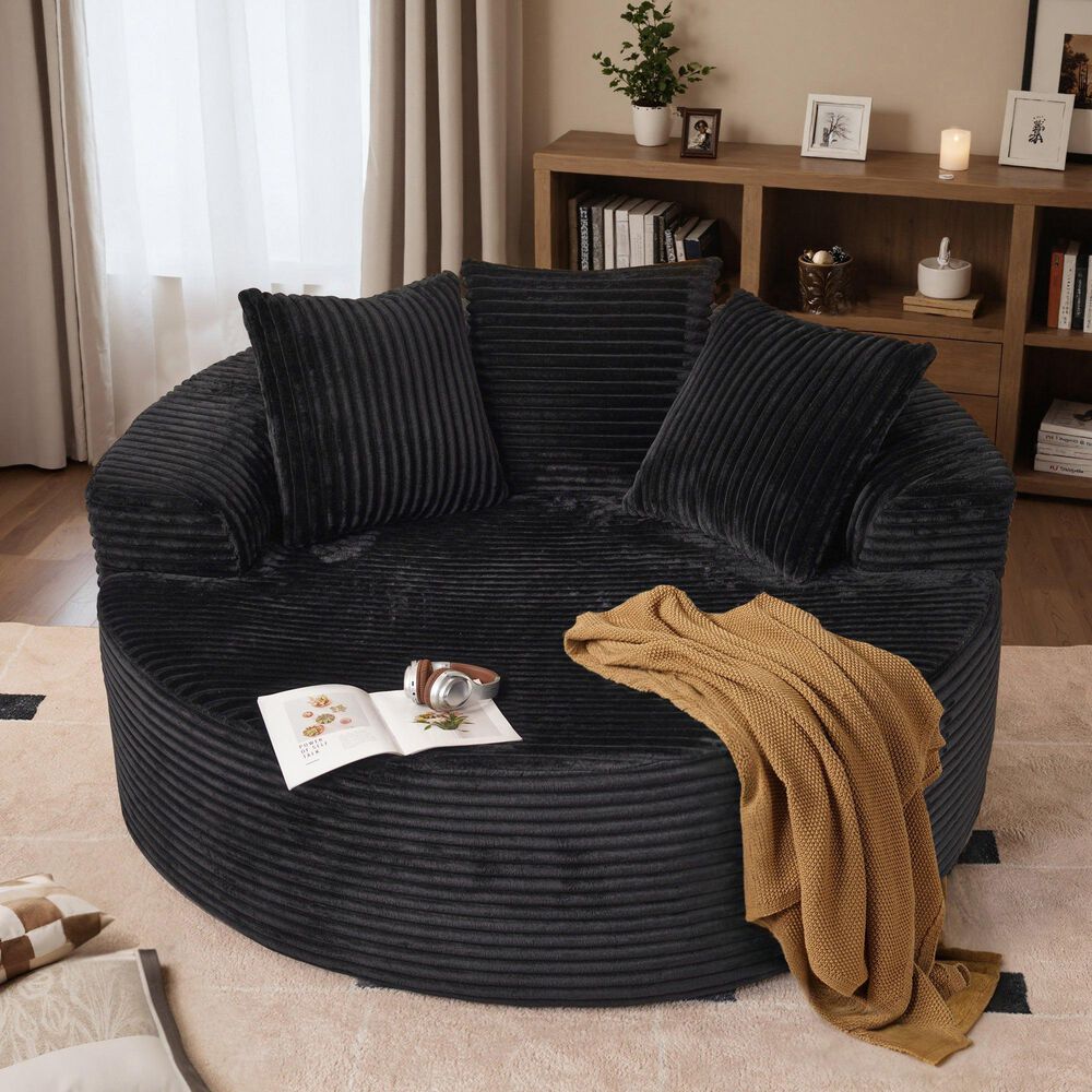 HOMLUX 59" Plush Corduroy Round Chair in Black, , large