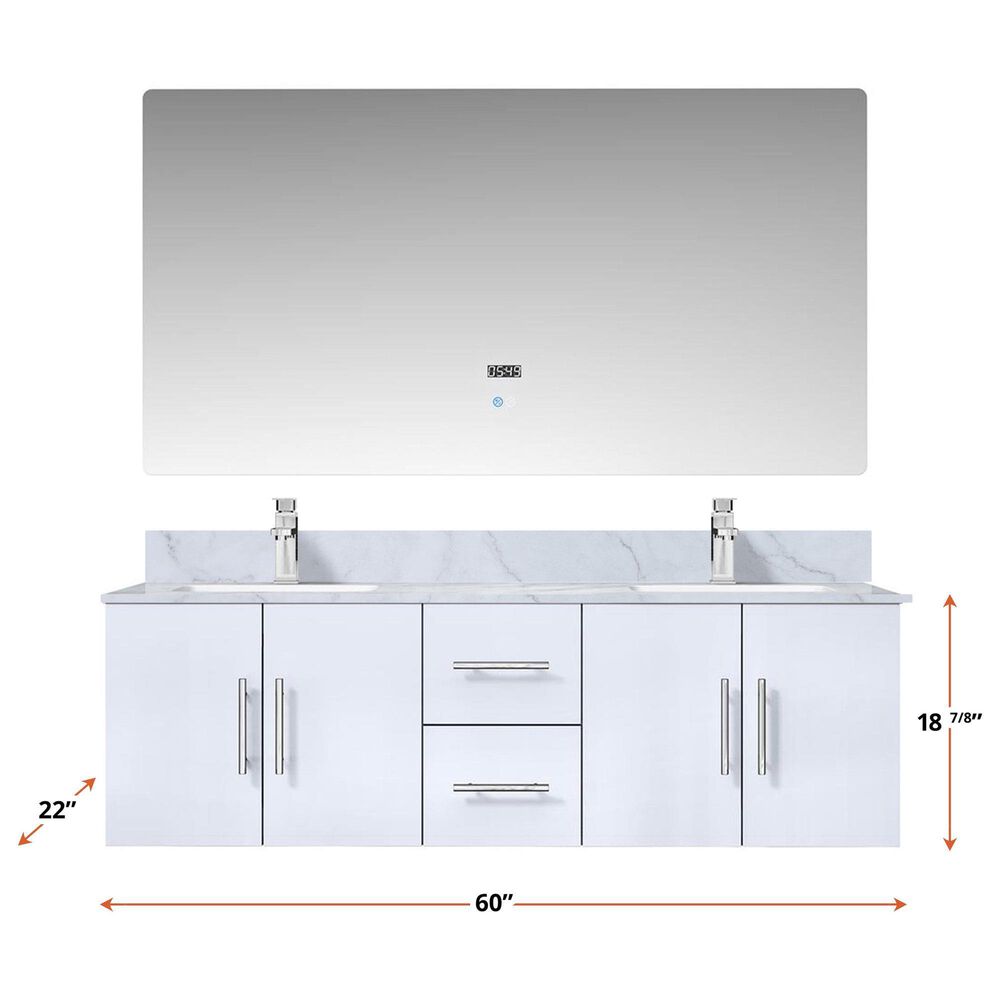 Lexora Home Geneva 60&quot; Double Bathroom Vanity in Glossy White with 2 cm White Carrara Marble Top and Rectangular Sinks, , large