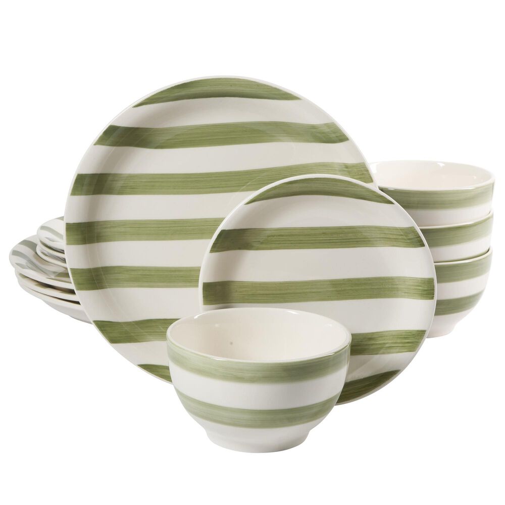 Gibson Homewares Kenwood Shores 12-Piece Dinnerware Set in Green Striped, , large