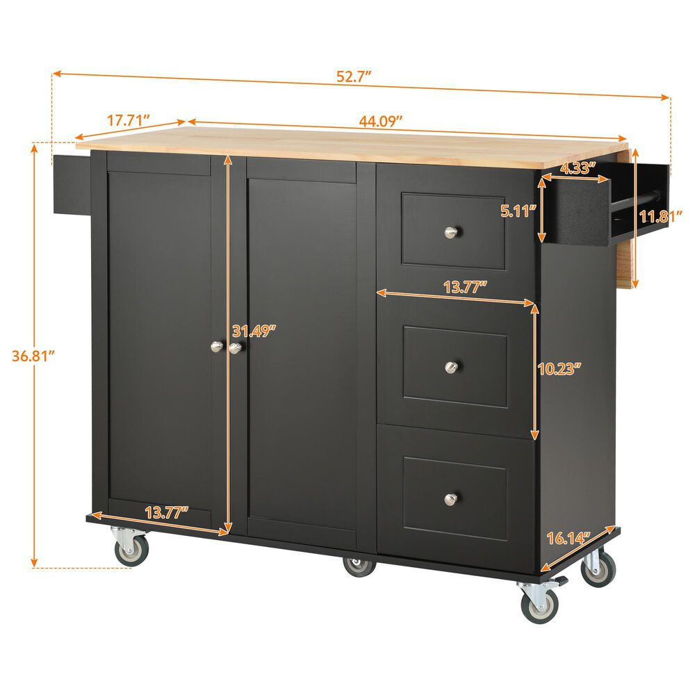 HOMLUX 53" Rolling Mobile Kitchen Island with Solid Wood Top and Locking Wheels in Black, , large
