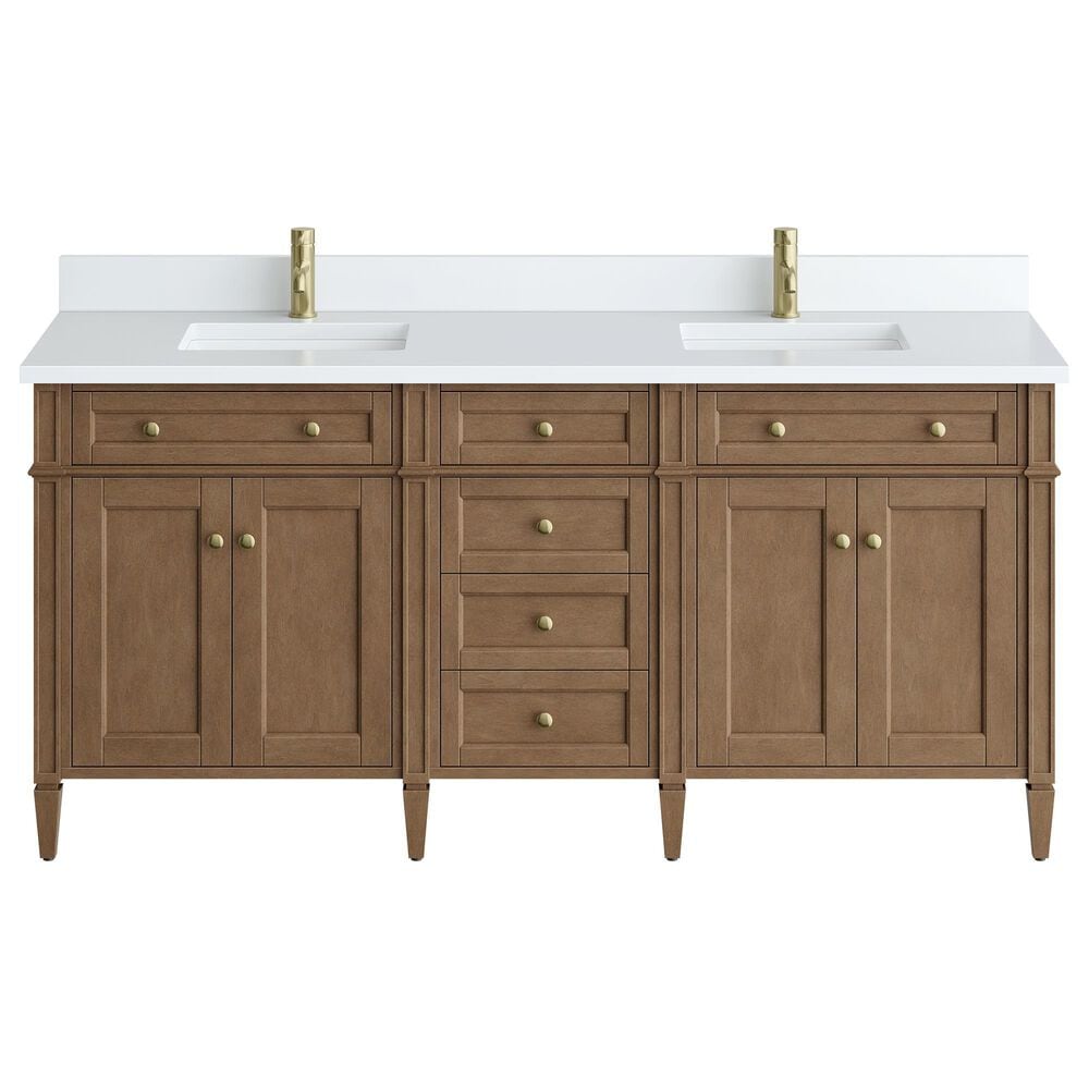 James Martin Brittany 72" Double Bathroom Vanity in Pecan with Single Hole 3 cm White Zeus Silestone Top and Rectangular Sinks, , large