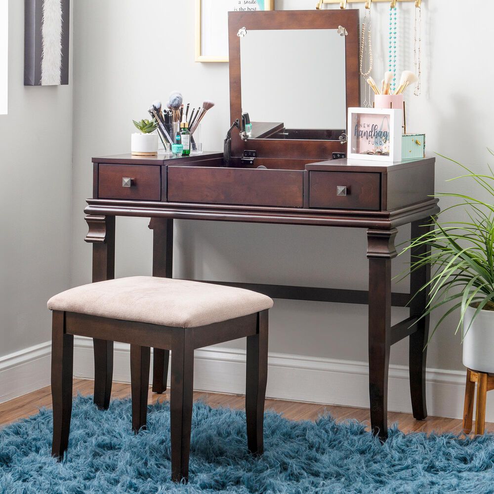 Linon Home Decor Angela Vanity with Stool in Walnut, , large