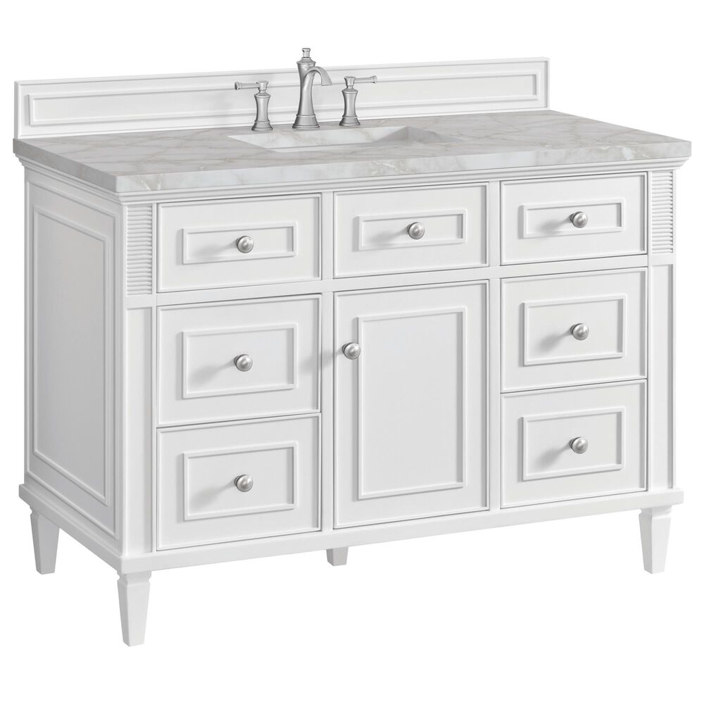 James Martin Vanities Lorelai 48" Single Bathroom Vanity in Bright White with 3 cm Eternal Jasmine Pearl Silestone Top, Rectangular Sink and FreePower Wireless Charger, , large