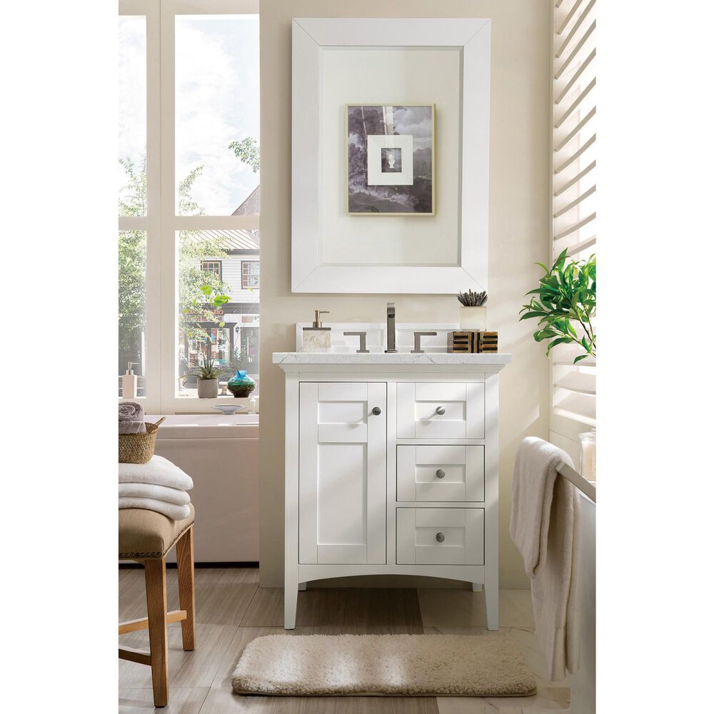 James Martin Vanities Palisades 30&quot; Single Bathroom Vanity in Bright White with 3 cm Eternal Jasmine Pearl Quartz Top and Rectangular Sink, , large
