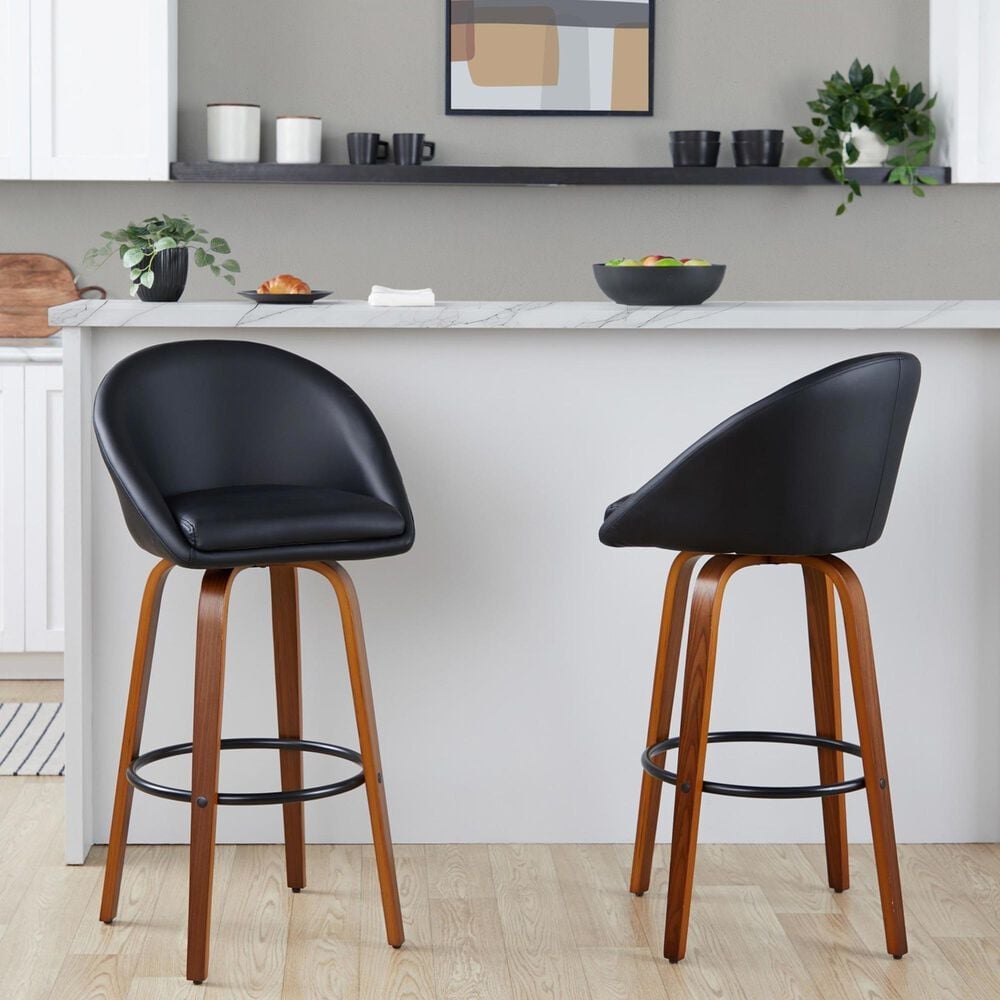 LumiSource Matisse 30" Swivel Barstool with Black Faux Leather Upholstery in Walnut and Black (Set of 2), , large