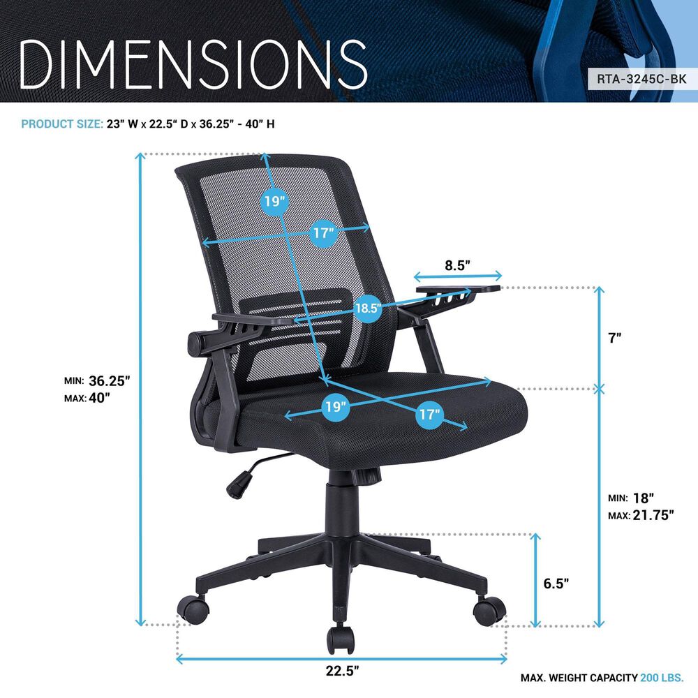 Rta Products Llc Ergonomic Office Mesh Chair in Black, , large