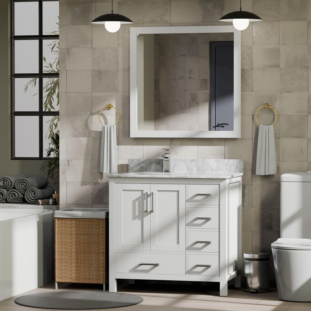 Lexora Home Jacques 36&quot; Left Offset Single Bathroom Vanity in White with 2 cm White Carrara Marble Top and Rectangular Sink, , large
