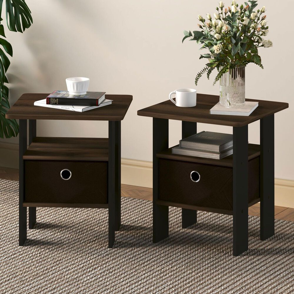 HOMLUX 2-Piece 1-Shelf End Table with Bin Drawer in Walnut and Dark Brown, , large