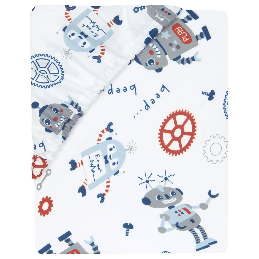 Lambs and Ivy Robbie Robot Baby Fitted Crib Sheet in Blue, Grey and Red, , large