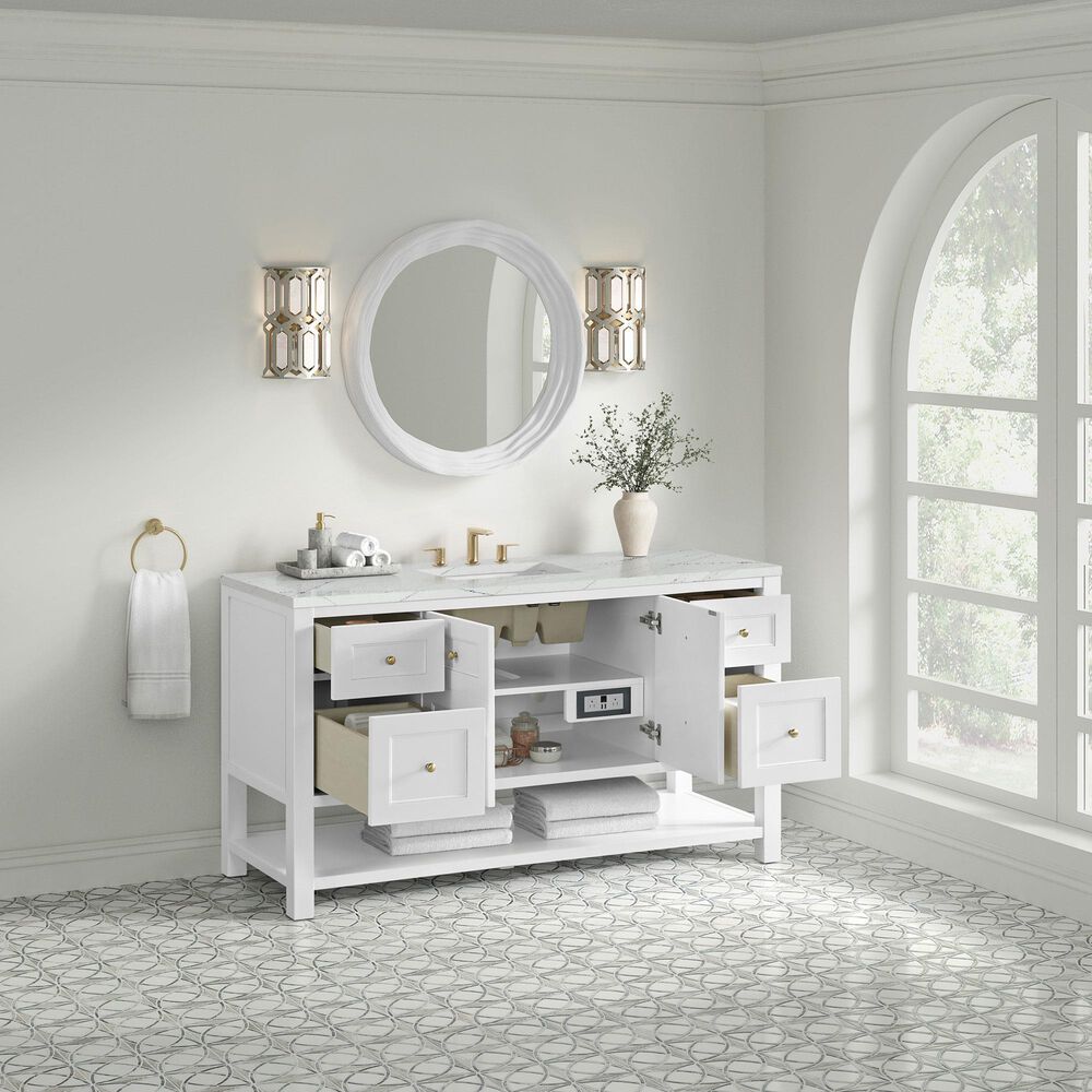 James Martin Vanities Breckenridge 60" Single Bathroom Vanity in Bright White with 3 cm Ethereal Noctis Quartz Top, Rectangular Sink and FreePower Wireless Charger, , large