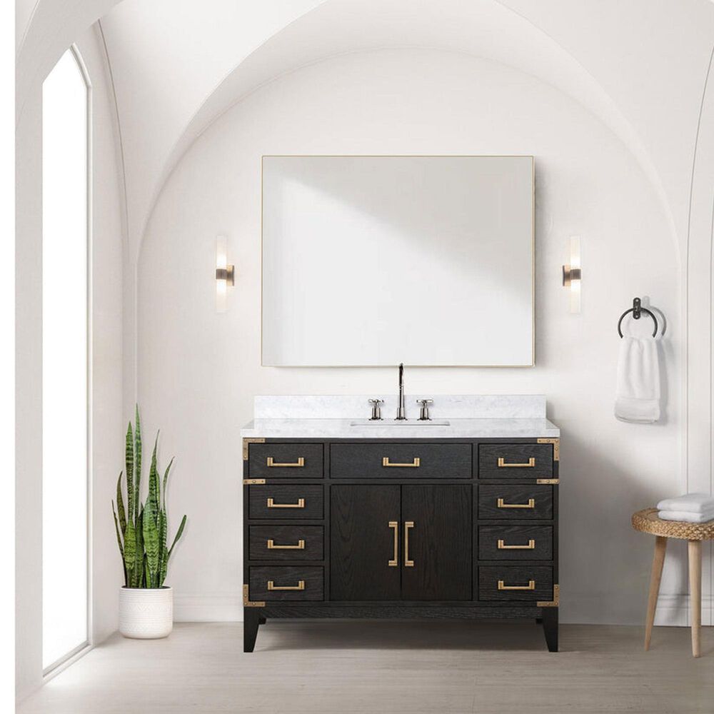 Lexora Home Laurel 48&quot; Single Bathroom Vanity in Black Oak with White Carrara Marble Top and Rectangular Sink, , large