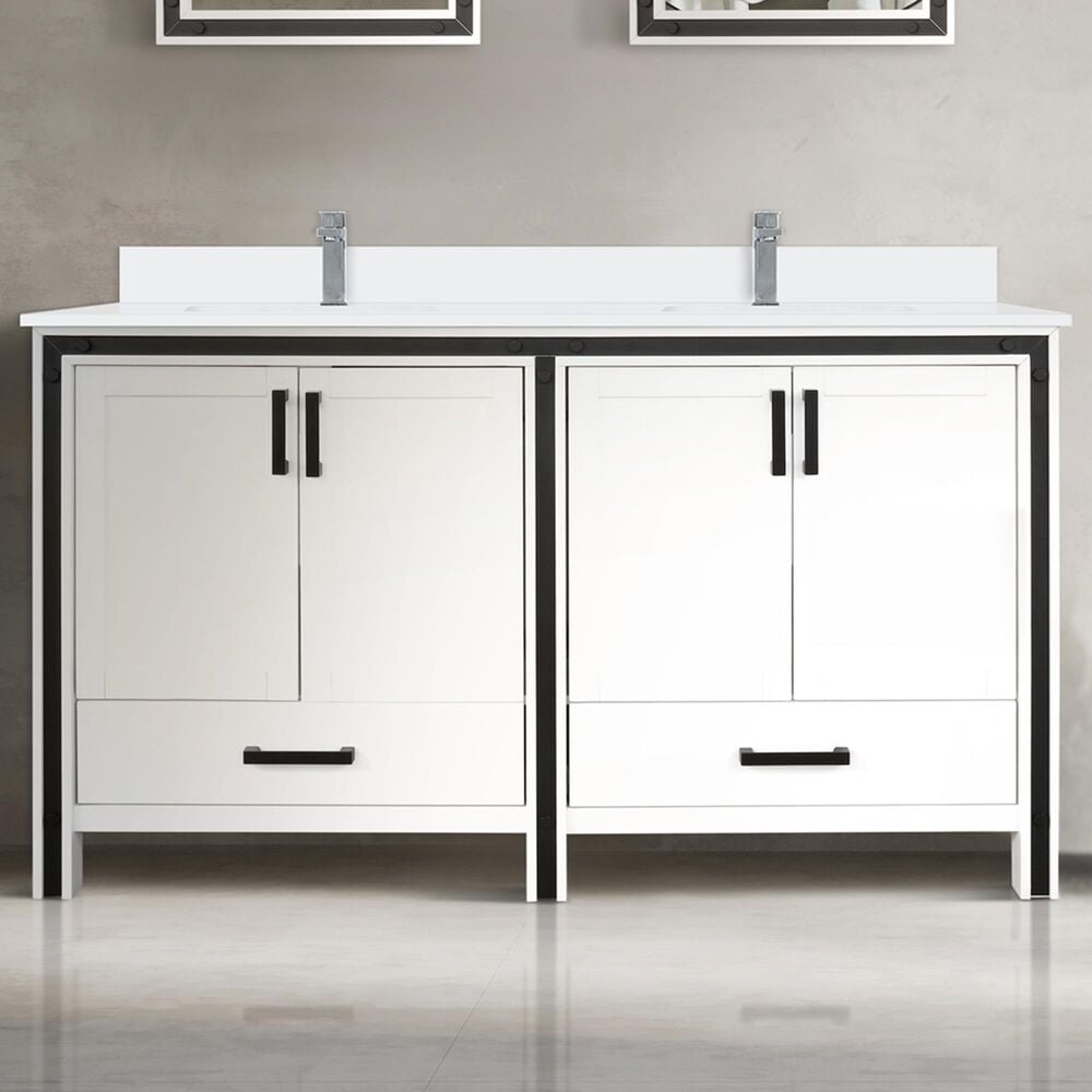 Lexora Home Ziva 60&quot; Double Bathroom Vanity in White with 2 cm White Quartz Top and Rectangular Sinks, , large