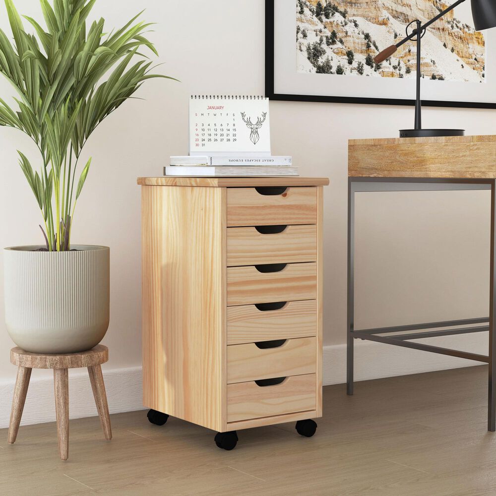 Linon Home Decor Cary 6-Drawer Rolling Cart in Natural, , large