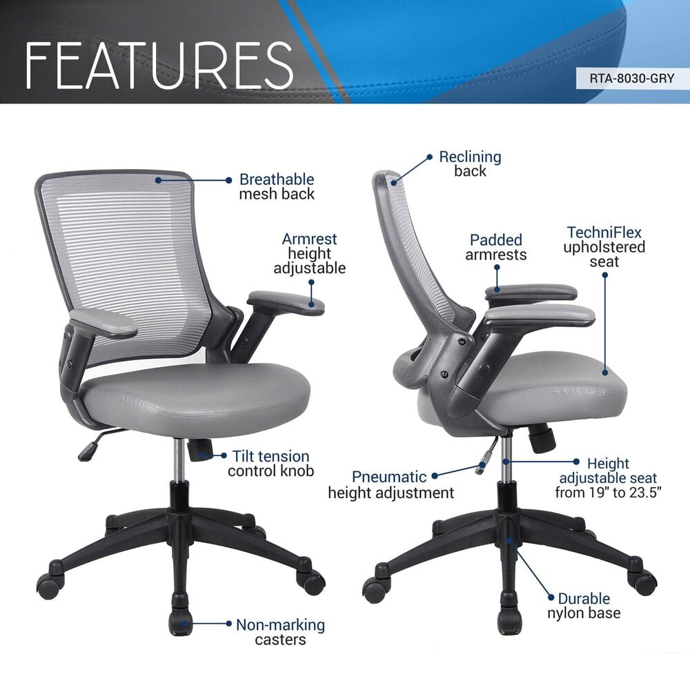 Rta Products Llc Mid-Back Mesh Task Office Chair with Height Adjustable Arms in Grey, , large