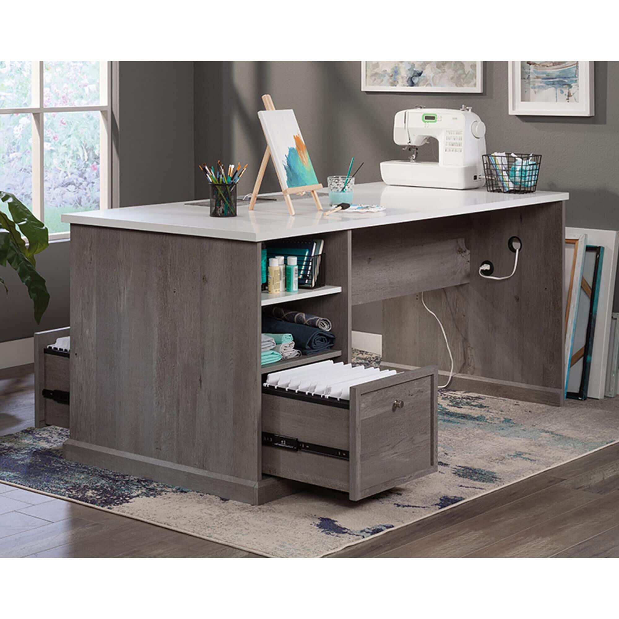 Sauder Craft Pro Work Table in Mystic Oak and White