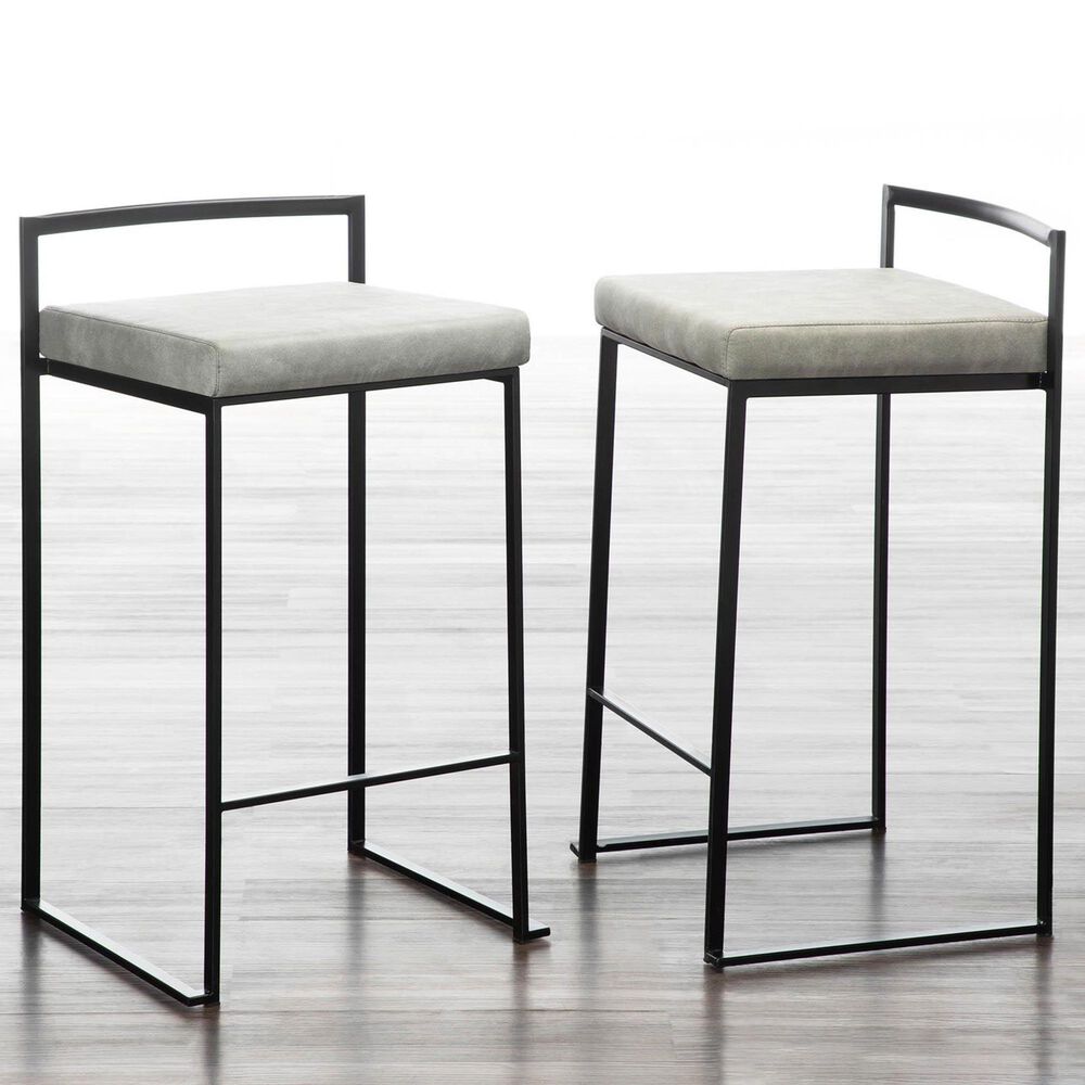 LumiSource Fuji 26" Stacker Counter Stool with Light Grey Cowboy Upholstery in Black (Set of 2), , large