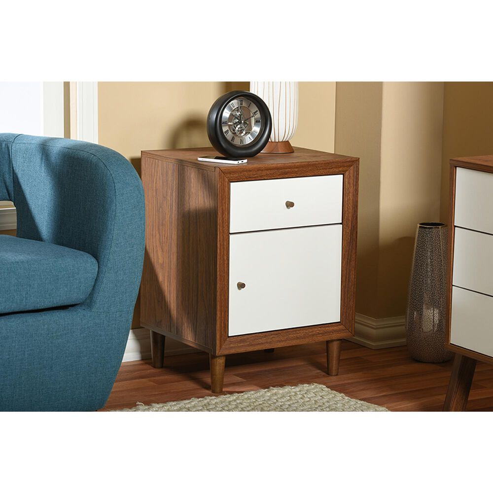 Baxton Studio Harlow 1-Drawer Nightstand in White and Walnut, , large