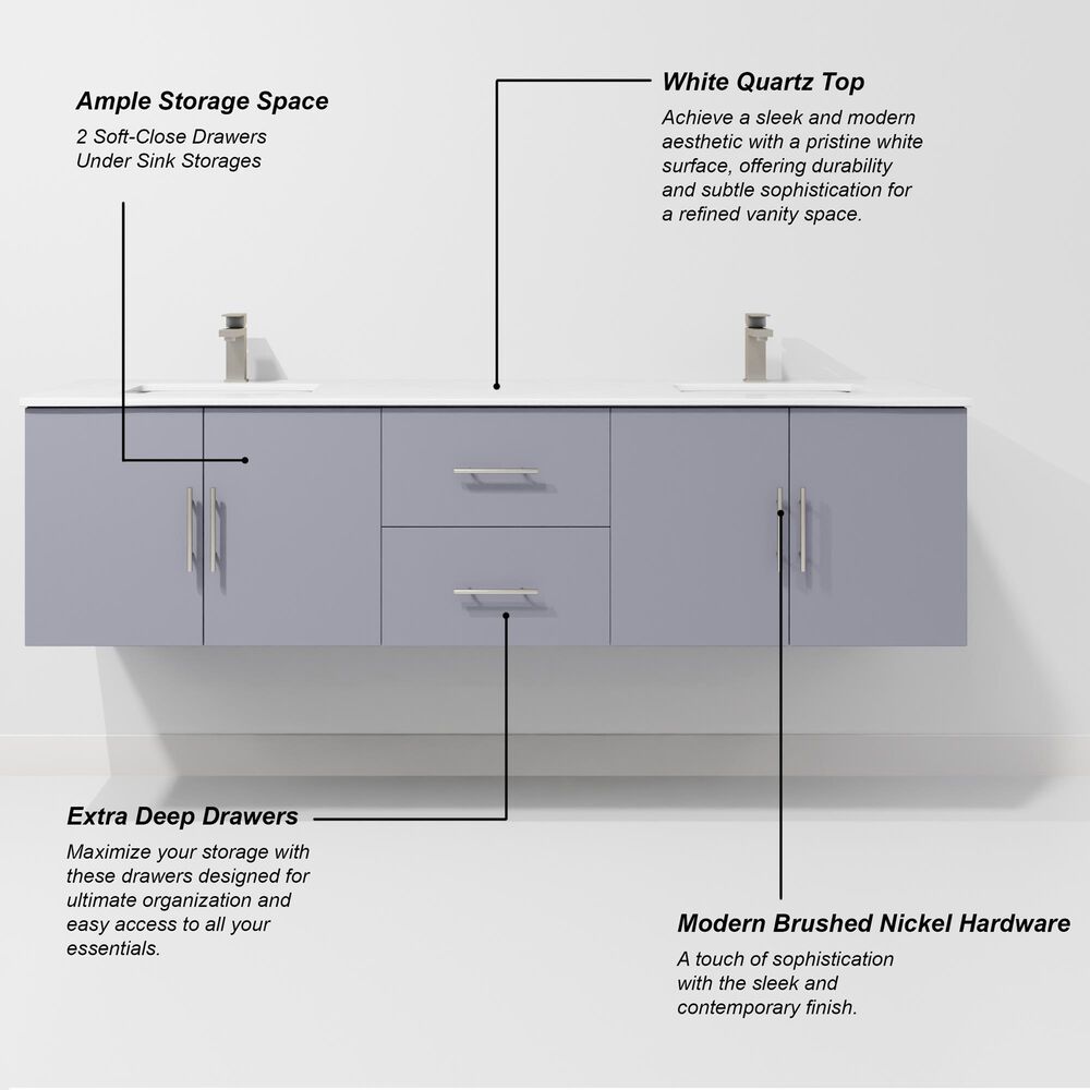 Lexora Home Geneva 72" Double Bathroom Vanity in Dark Grey with 2 cm White Quartz Top and Rectangular Sinks, , large