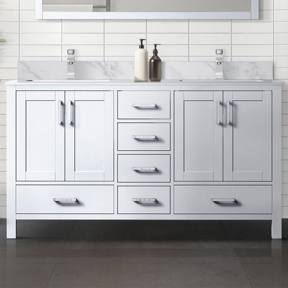 Lexora Home Jacques 60&quot; Double Bathroom Vanity in White with 2 cm White Carrara Marble Top and Rectangular Sinks, , large