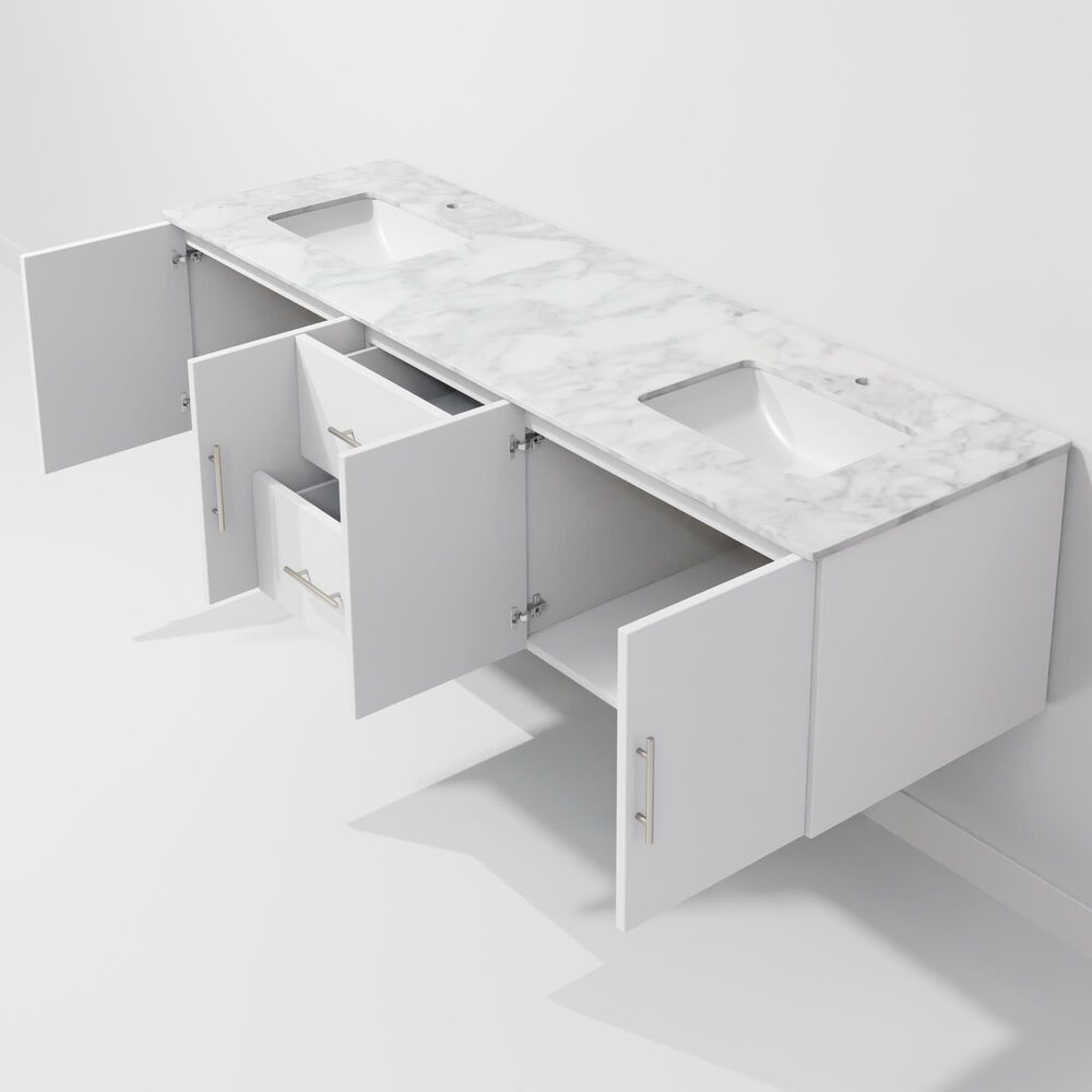 Lexora Home Geneva 72&quot; Double Bathroom Vanity in Glossy White with 2 cm White Carrara Marble Top and Rectangular Sinks, , large