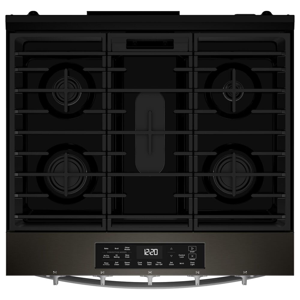 Whirlpool 2-Piece Kitchen Package with Black Stainless 5 Cu. Ft. Smart Gas Range and Fingerprint Resistant Stainless Steel 1.1 Cu. Ft. Flush Mount Microwave, , large