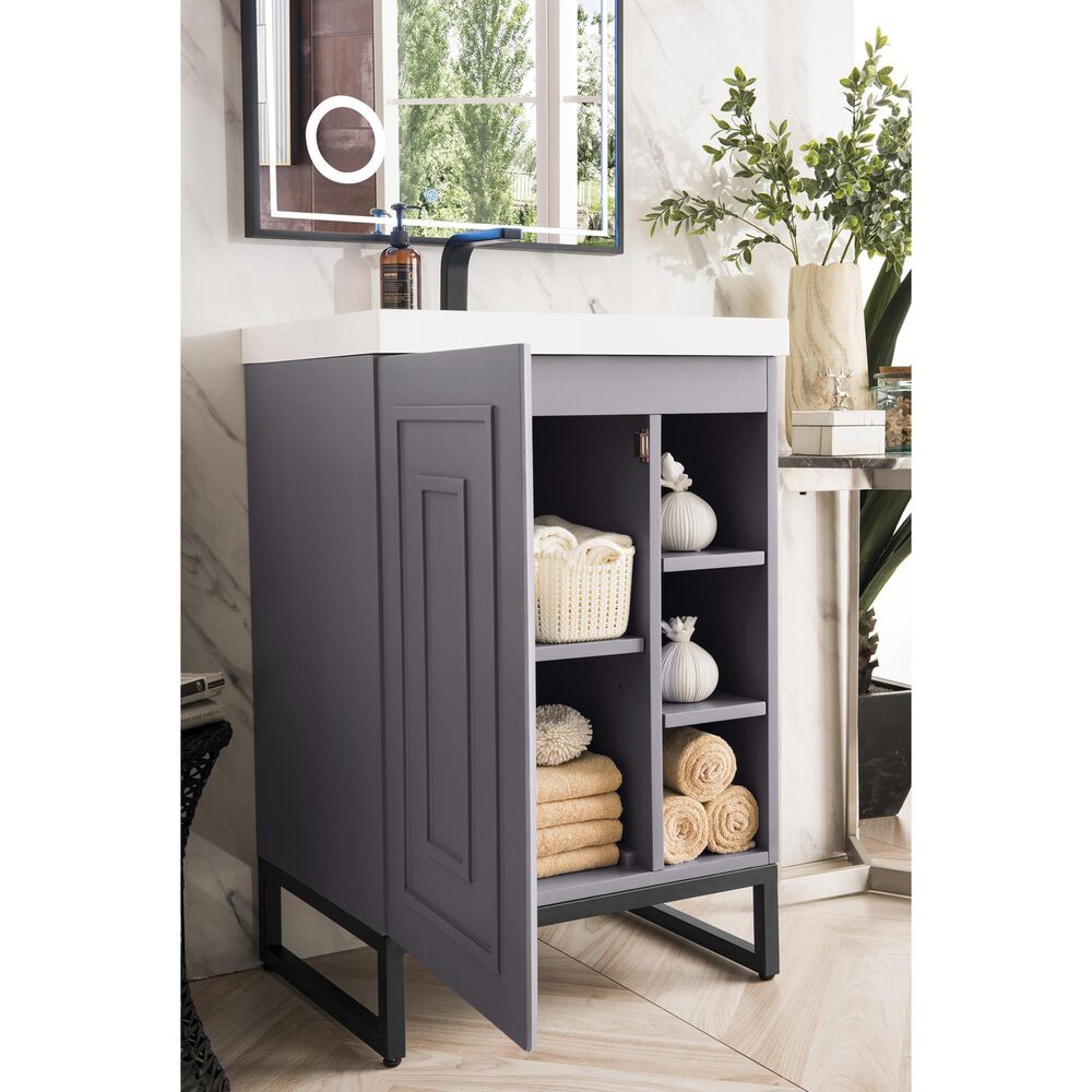 James Martin Vanities Alicante 24&quot; Single Bathroom Vanity in Grey Smoke and Matte Black with 5 cm White Glossy Resin Top and Rectangular Sink, , large