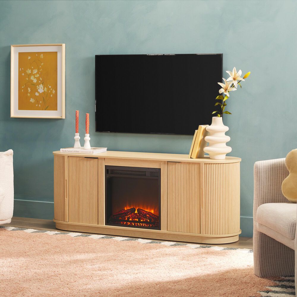 Walker Edison Chloe 60&quot; TV Stand with Freestanding Electric Fireplace in Coastal Oak, , large