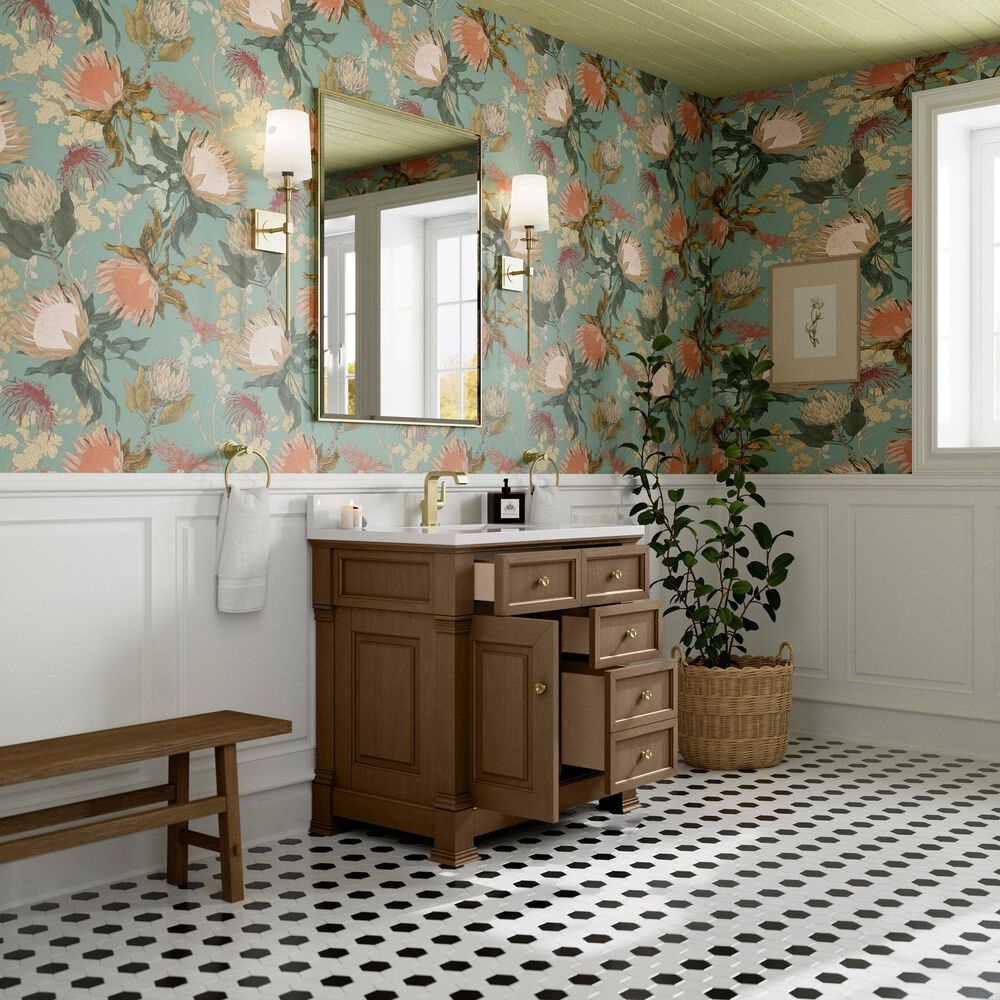 James Martin Vanities Brookfield 36&quot; Single Bathroom Vanity in Pecan with Single Hole 3 cm White Zeus Quartz Top and Rectangular Sink, , large