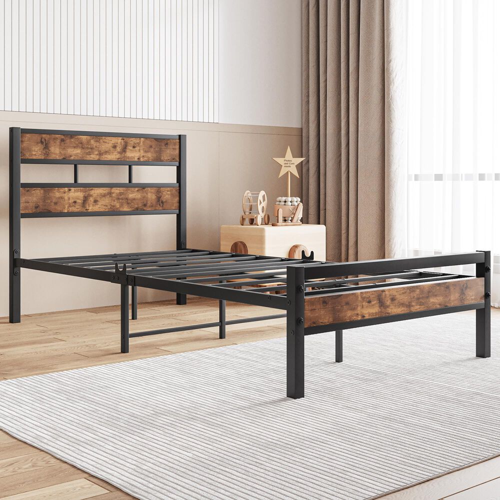 Hearth and Haven Twin Platform Bed with Metal Slats Support in Black and Brown, , large
