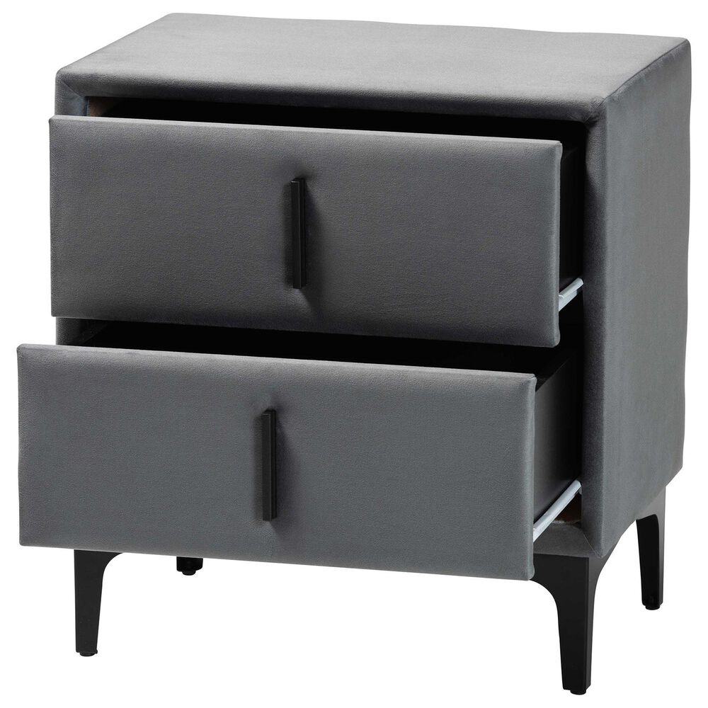Baxton Studio Etienne 2-Drawer Nightstand with Slate Grey Velvet Upholstery in Black, , large