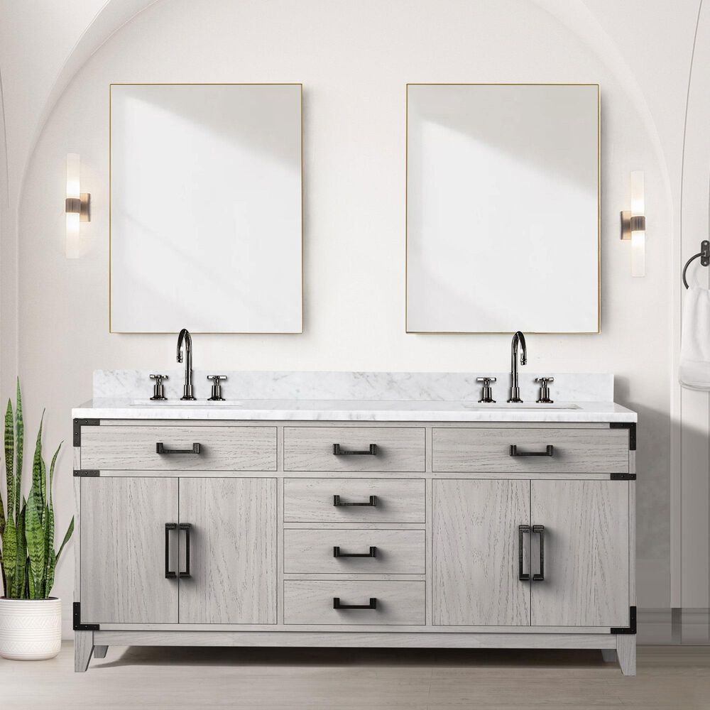 Lexora Home Laurel 72&quot; Double Bathroom Vanity in White Oak with White Carrara Marble Top and Rectangular Sinks, , large