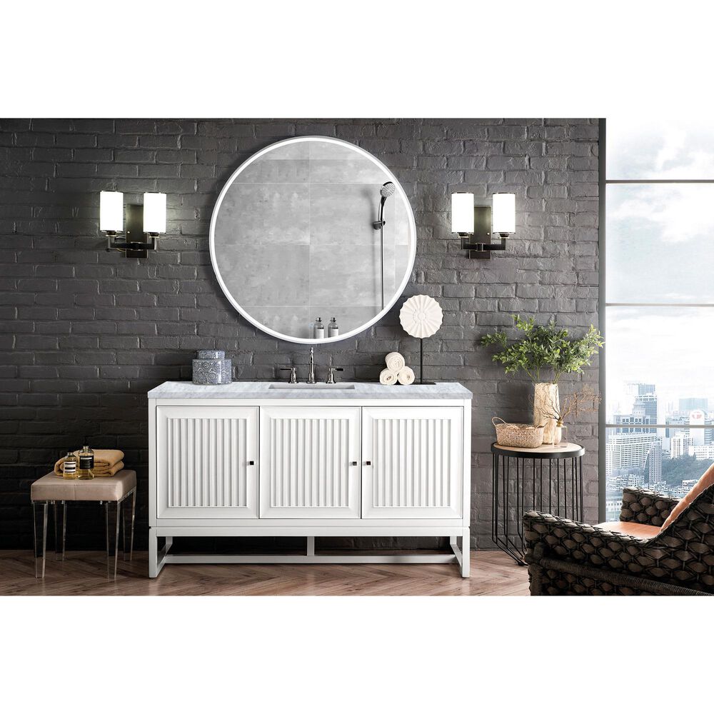 James Martin Vanities Athens 60&quot; Single Bathroom Vanity in Glossy White with 3 cm Carrara White Marble Top and Rectangular Sink, , large