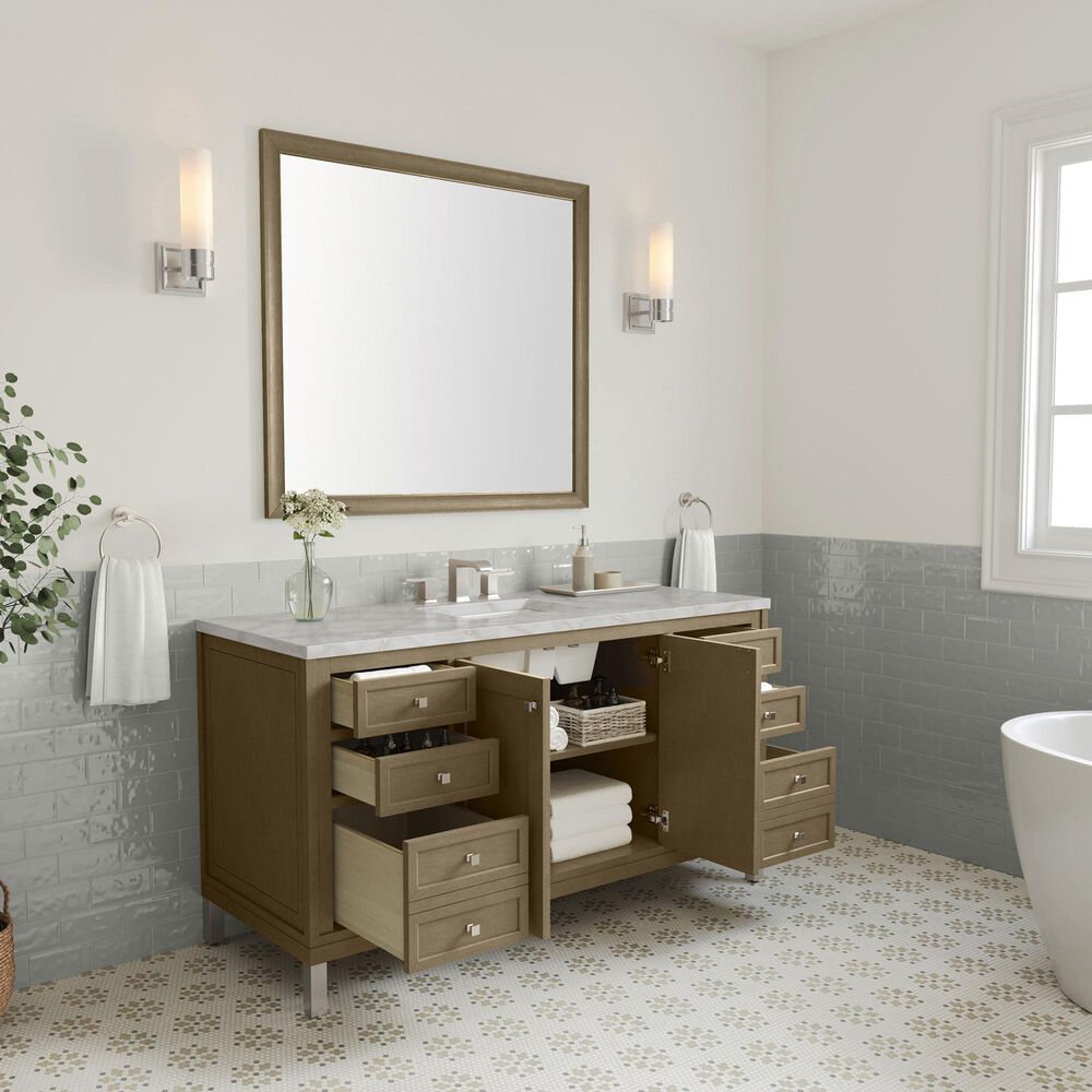 James Martin Vanities Chicago 60" Single Bathroom Vanity in Walnut Whisper with 3 cm Victorian Silver Quartz Top, Rectangular Sink and FreePower Wireless Charger, , large