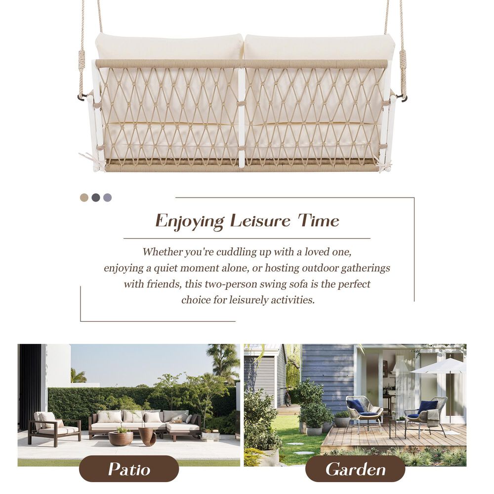 HOMLUX Patio Woven Rope Swing Sofa with White Steel in Beige, , large