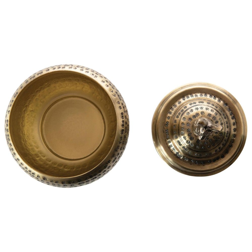 Creative Coop Round Hammered Metal Container with Rabbit Finial in Brass, , large