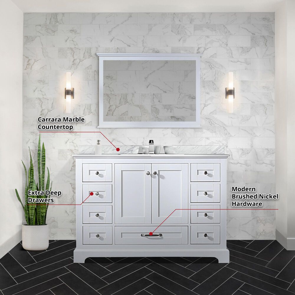 Lexora Home Dukes 48&quot; Single Bathroom Vanity in White with 2 cm White Carrara Marble Top and Rectangular Sink, , large
