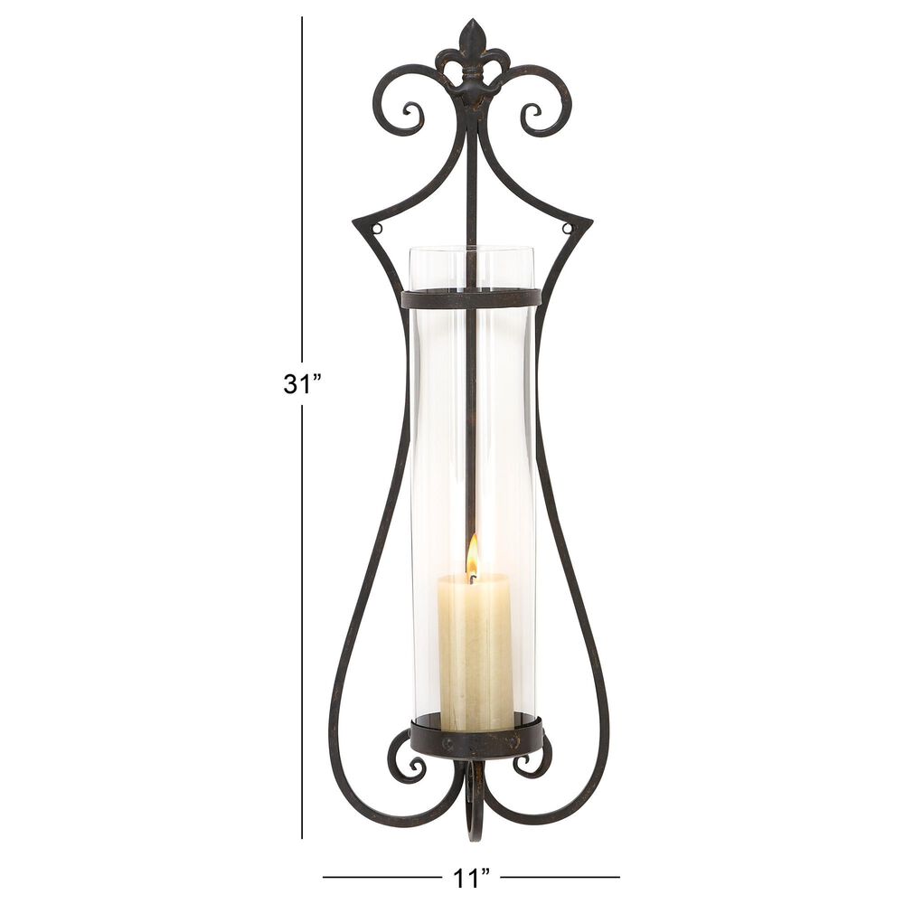 Maple and Jade 31&quot; Single Fleur De Lis Indoor/Outdoor Wall Mount Candle Holder in Weathered Black, Copper and Clear, , large