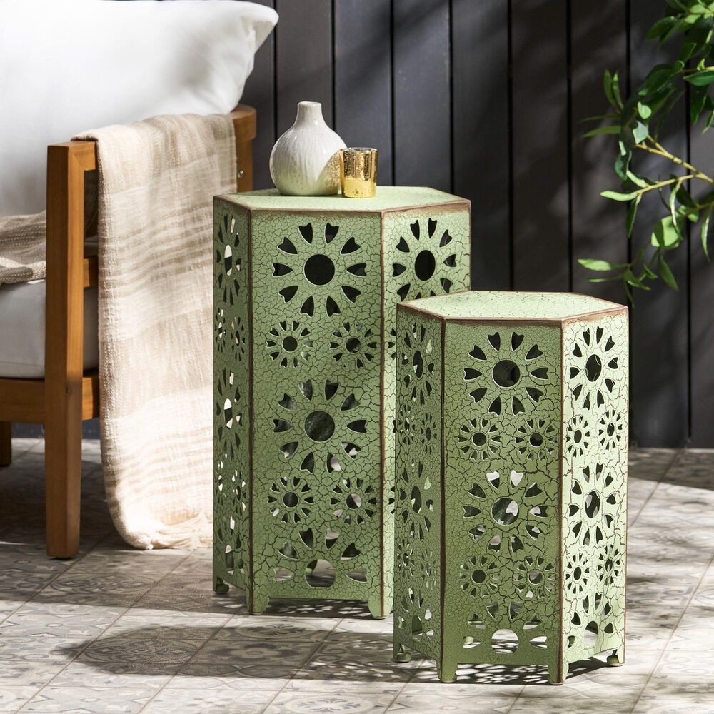 Hearth and Haven Eliana 2-Piece Outdoor Hexagon Metal Side Table Set with Sunburst Cut Out Design in Green, , large