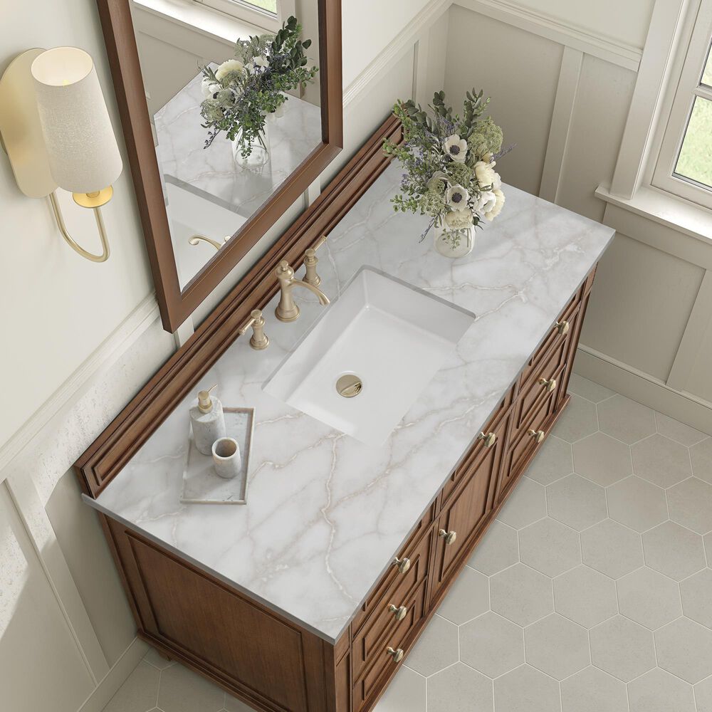James Martin Vanities Lorelai 48" Single Bathroom Vanity in Mid-Century Walnut with 3 cm Eternal Jasmine Pearl Silestone Top, Rectangular Sink and FreePower Wireless Charger, , large